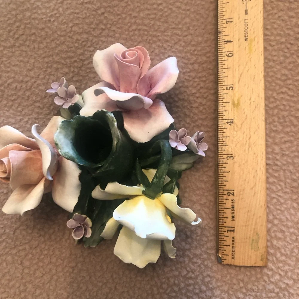 Vintage Capodimonte Yellow Rose Floral Accent with Green Leaves Candleholder